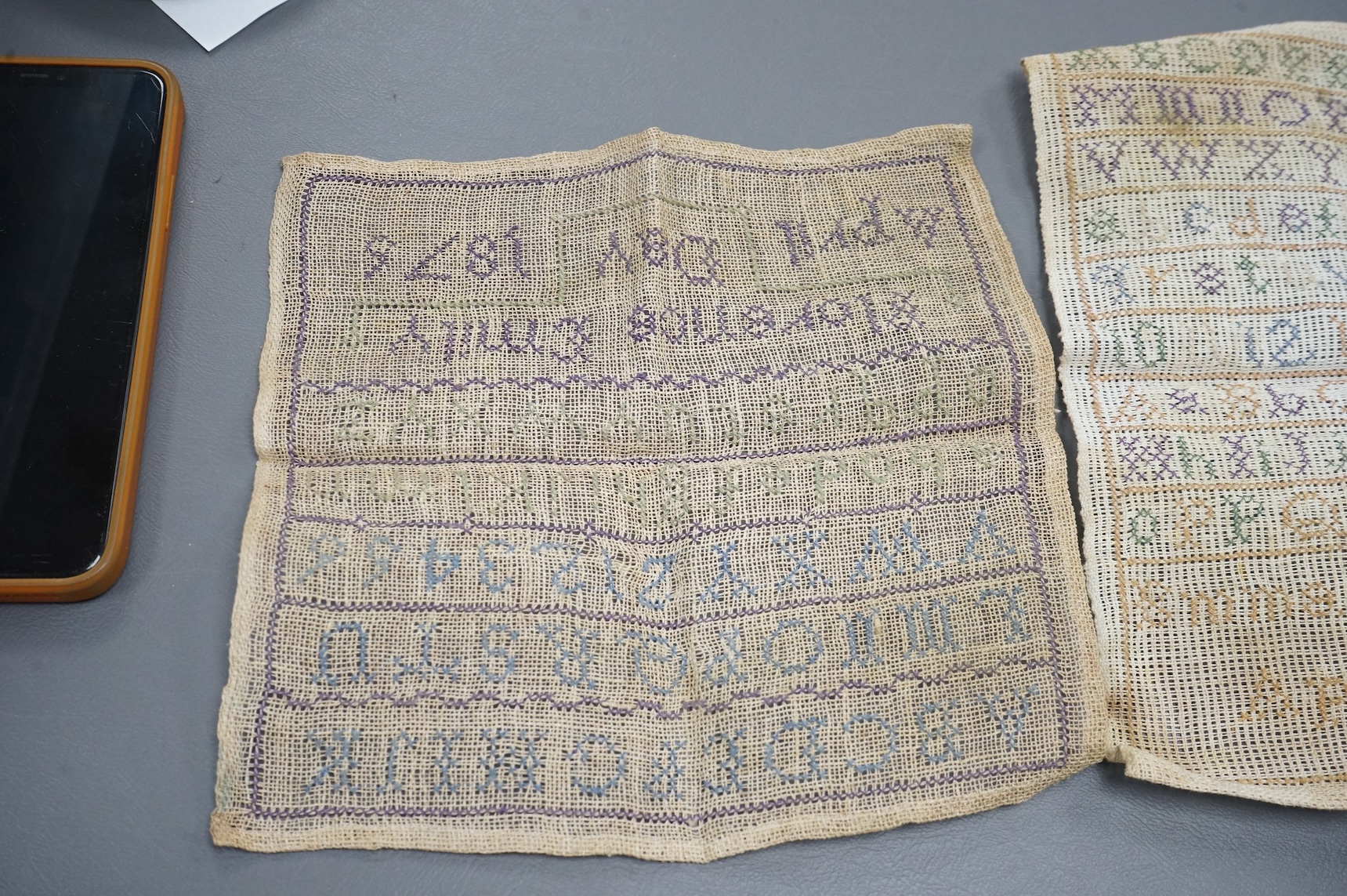 Two unframed large samplers, by Susanna and Ann Elizabeth Day, (sisters) both dated 1848. Two other unframed simpler alphabet samplers both by Florence Emily Day, dated 1876 and 1878. (4)
